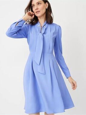 Ann Taylor Periwinkle Tie-Neck Long Sleeve Dress